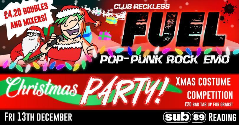 FUEL Christmas party logo with cartoon images of Santa with a guitar and a female elf singing