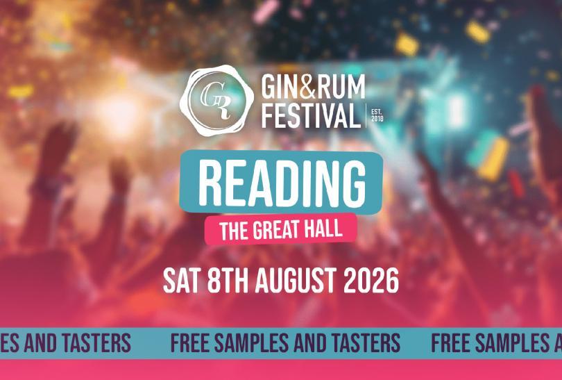 Reading Gin & Rum Festival logo over an out-of-focus image of people at a festival