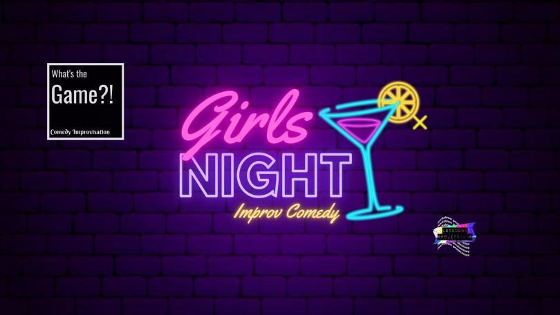 Event poster with the title "Girls Night" in the style of a neon sign with an equally-neon cocktail glass