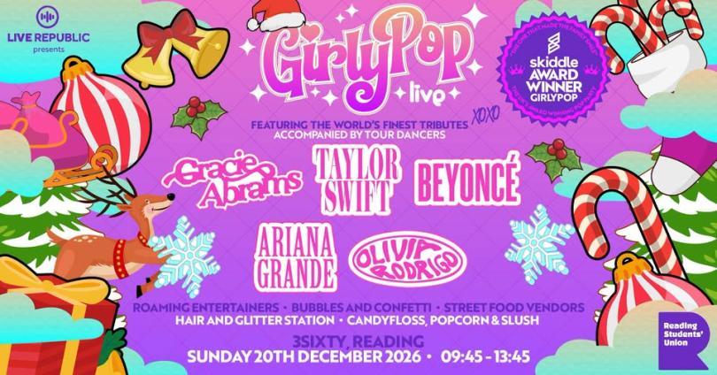Event poster with logos for GirlyPop Live and the artists being tributed, surrounded by artwork of guitars, dice, butterflies and more in pastel pink and turquoise