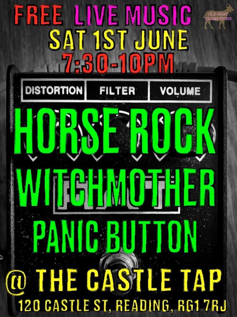 Gig poster of a guitar pedal in black and white overlaid by bright neon writing listing bands and details