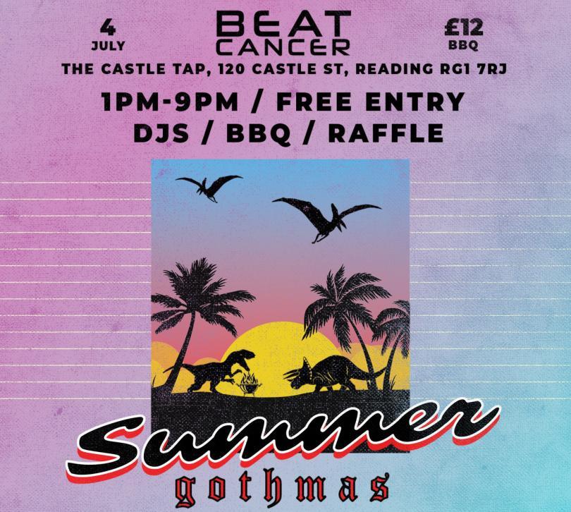 Event poster with artwork of dinosaurs and palm trees in silhouette