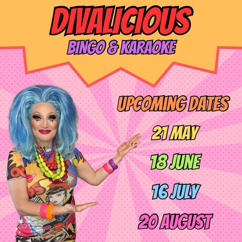 Poster for Divalicious Bingo & Karaoke with photo of drag queen Grace Anatomy