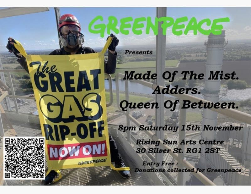 Photo of a Greenpeace protester holding a banner saying "the Great Gas Rip off"