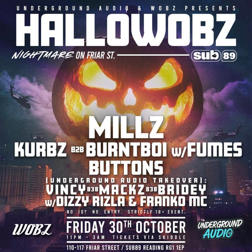 Event poster with list of the artists performing over an image of a jack o'lantern