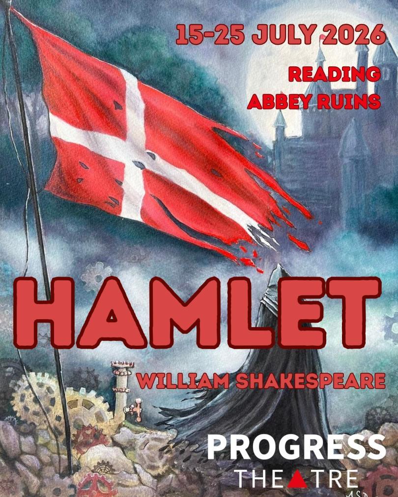 Painted poster for Hamlet with a cloaked figure under a torn Danish flag