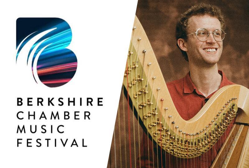 Berkshire Chamber Music Festival logo next to a photo of harpist Oliver Wass