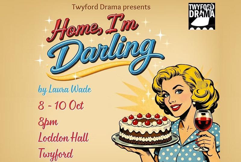 Home, I'm Darling logo with a 50s-style comic book drawing of a woman holding a cake and glass of wine