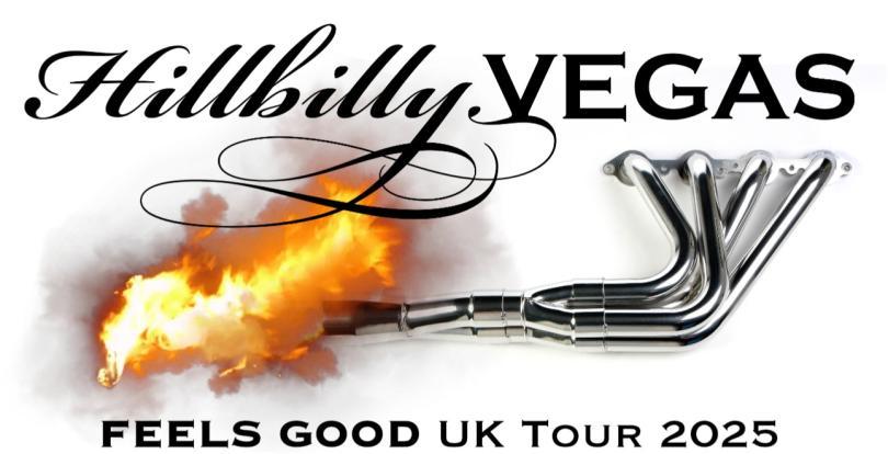 Hillbilly Vegas logo with an image of a car exhaust from a muscle car with flames coming out of it.