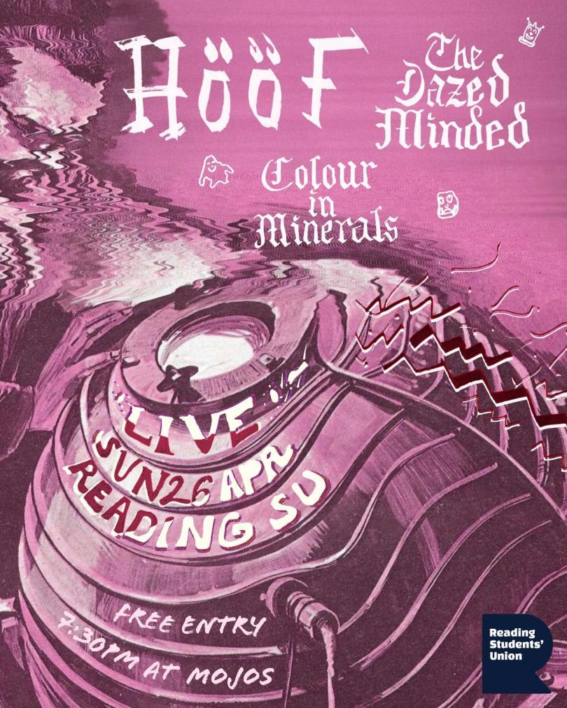 Hand-painted gig poster with a scientist looking at some sort of sphere, with details of the event 