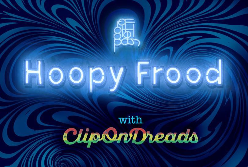 Hoopy Frood logo on a swirly background