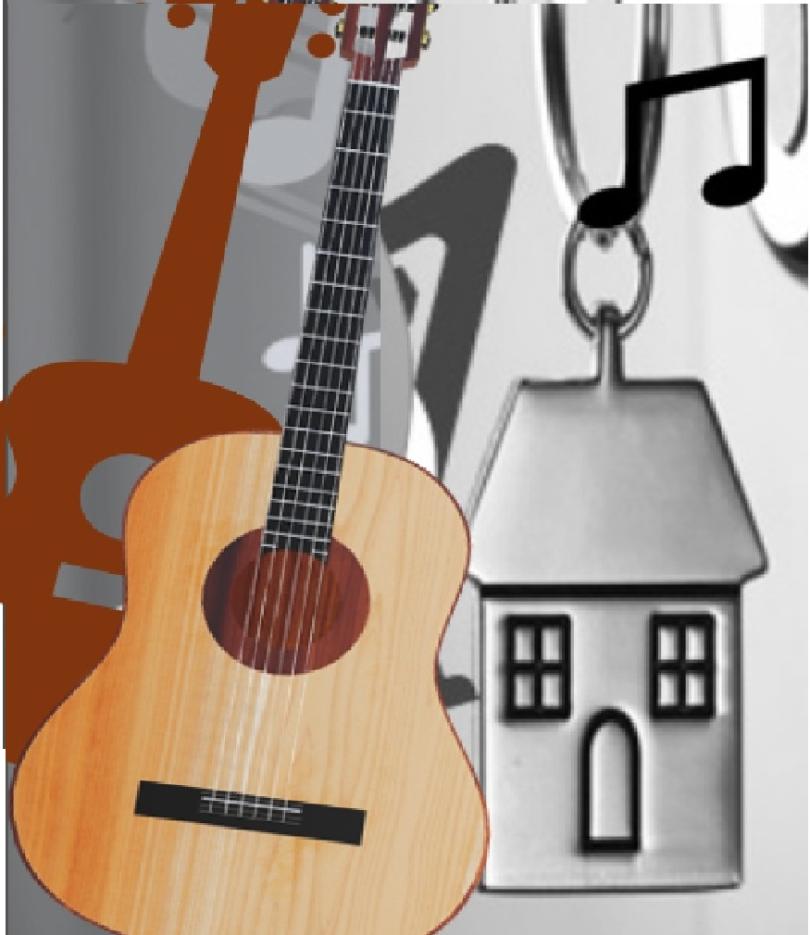 Collage image of guitars, a key fob in the shape of a house and musical notes