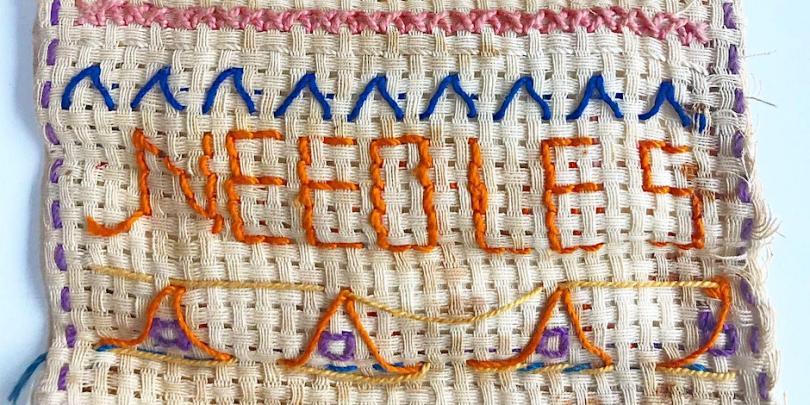 Embroidered needle case with the word needles in orange