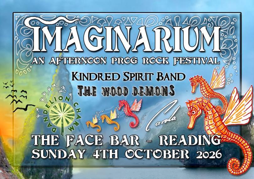 Event poster with band logos and psychedelic imagery of mountains and seahorses