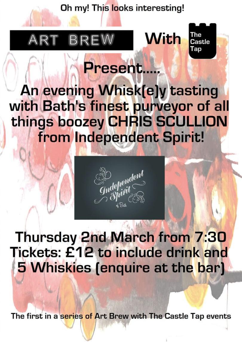 A poster with an abstract background of circles and swirls in oranges and reds. Text overlaid gives basic information about the event (as per text box below) and black and white text logos for Art Brew, Castle Tap and Independent Spirit.