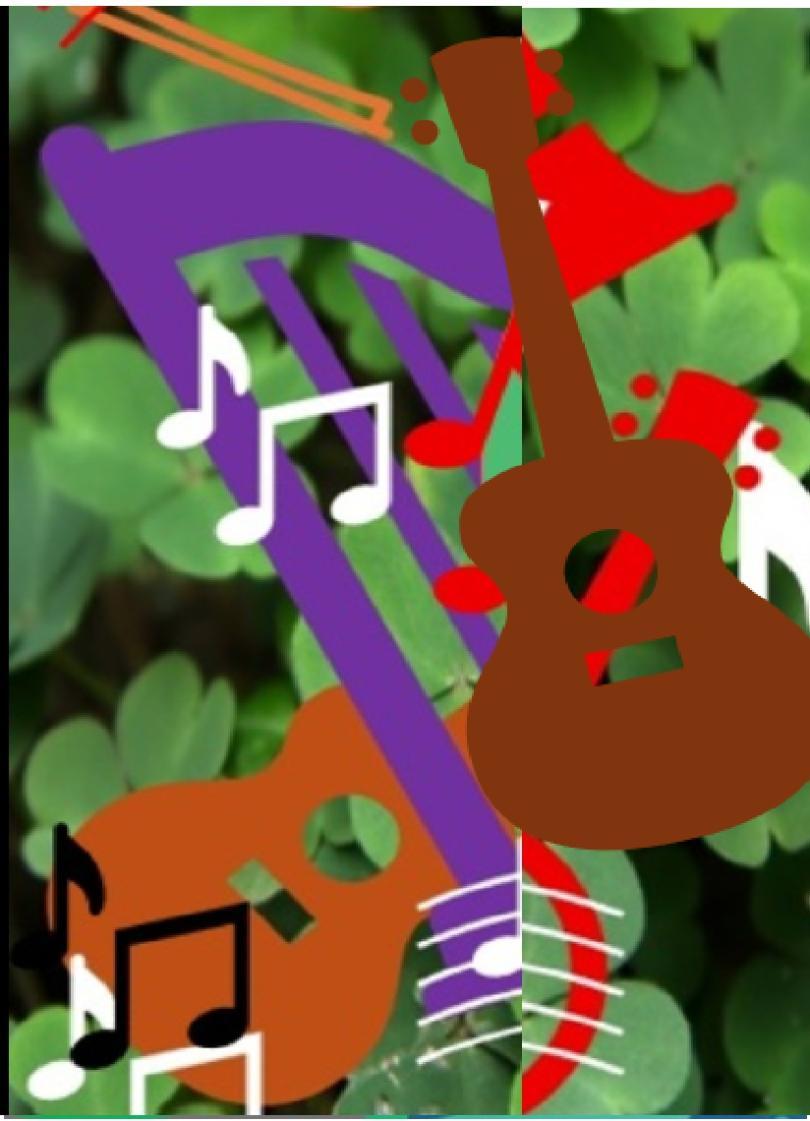 Colourful collage of images of musical instruments (guitars, pipes, harp and violin bow) and notes on a background of shamrocks