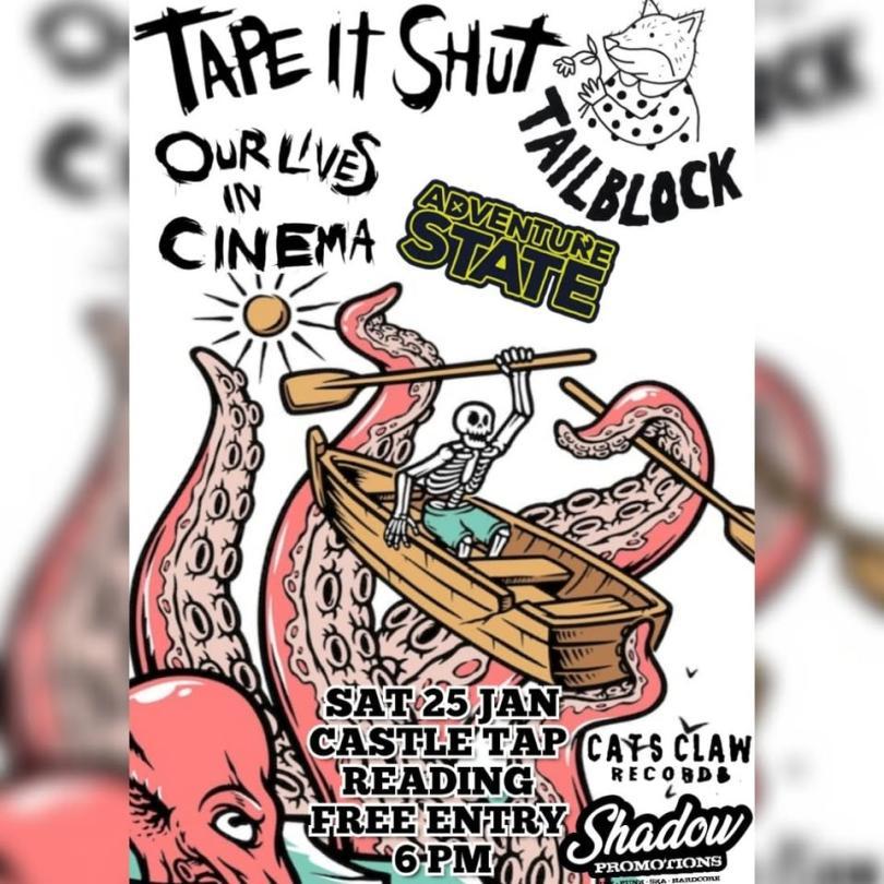 Tentacles lift up a row boat with a skeleton in it. Band Names fill the top half of the poster