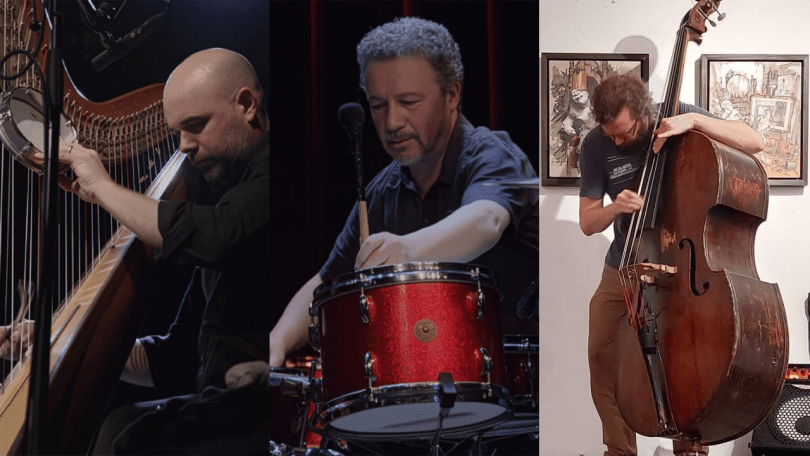 Rhodri Davies playing a harp, Mark Sanders playing the drums and Dominic Lash playing the double bass