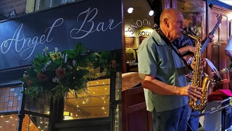A photo of the sign outside the Angel Bar, and a photo of sax player Joe Carey