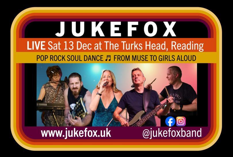 Photos of the five members of Jukfox, each playing their respective instruments