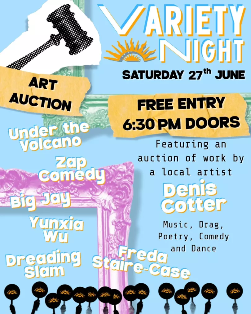 Poster for The Rising Sun Variety Night with info about the acts performing