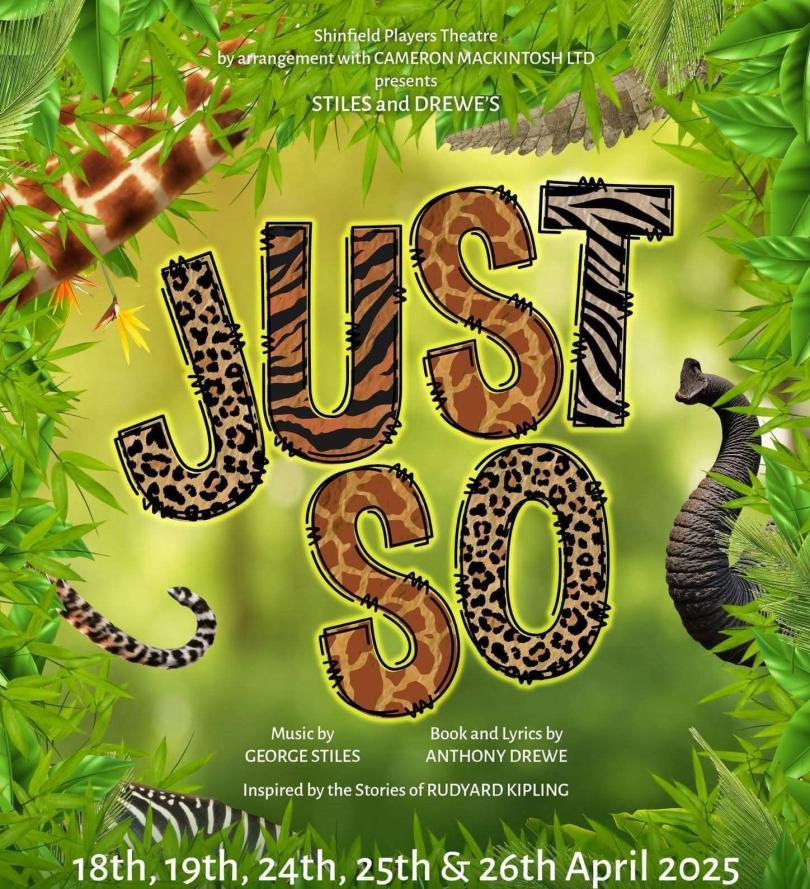 poster for Just So The musical, with a jungle background and animal-print lettering