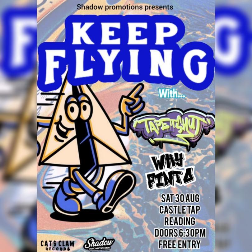 Poster for Keep Flying gig with a cartoon image of an anthropomorphic paper plane