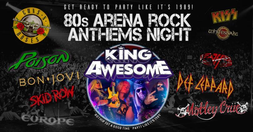 Poster featuring images of band members, logos of 80s hair metal bands and header "80s arena rock anthems night"