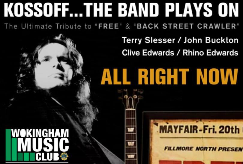 Poster for Kossoff... The Band Plays On concert with a photo of a man with long hair and info about the event
