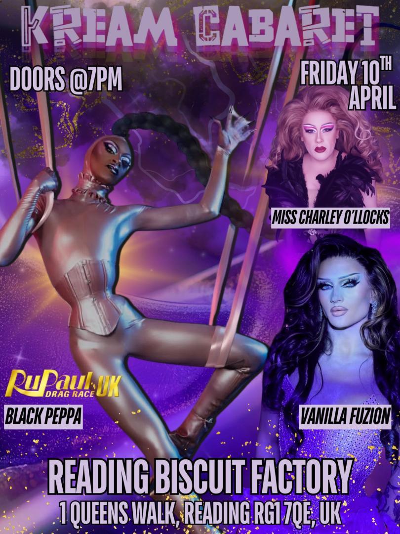 Poster for Kream Cabaret Drag Night with three drag queens in sexy outfits