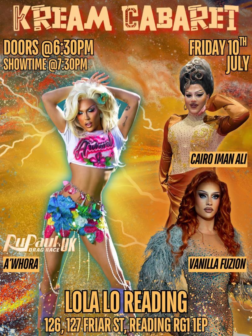 Poster for Kream Cabaret Drag Night with drag queens in sexy outfits