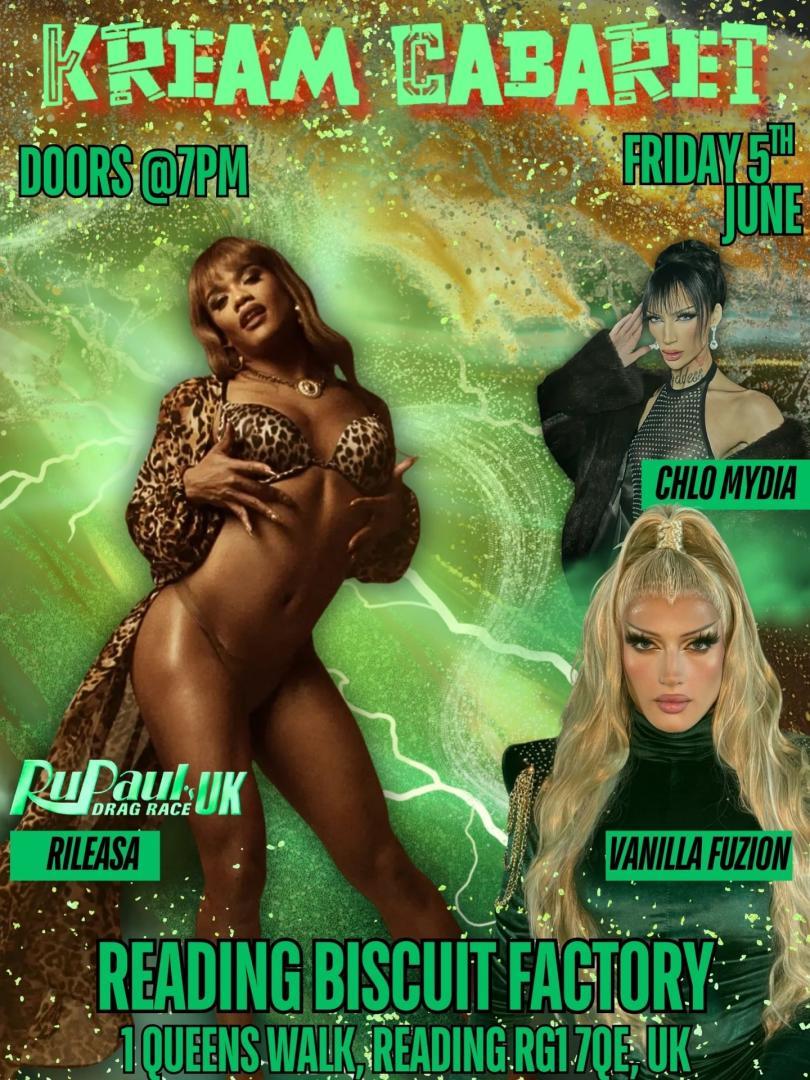 Poster for Kream Cabaret Drag Night with drag queens in sexy outfits