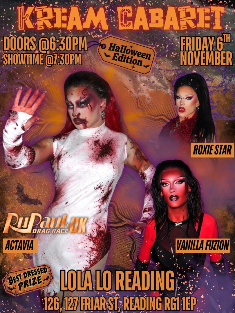 Poster for Kream Cabaret Drag Night with drag queens in sexy outfits