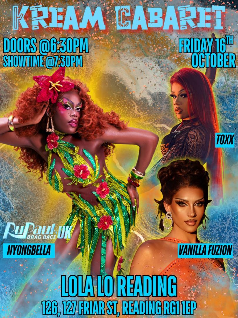Poster for Kream Cabaret Drag Night with drag queens in sexy outfits