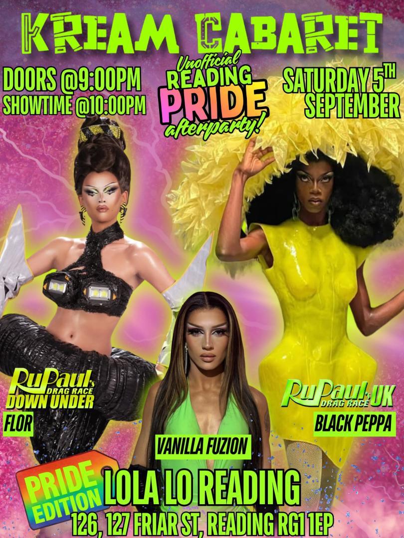 Poster for Kream Cabaret Drag Night with drag queens in sexy outfits