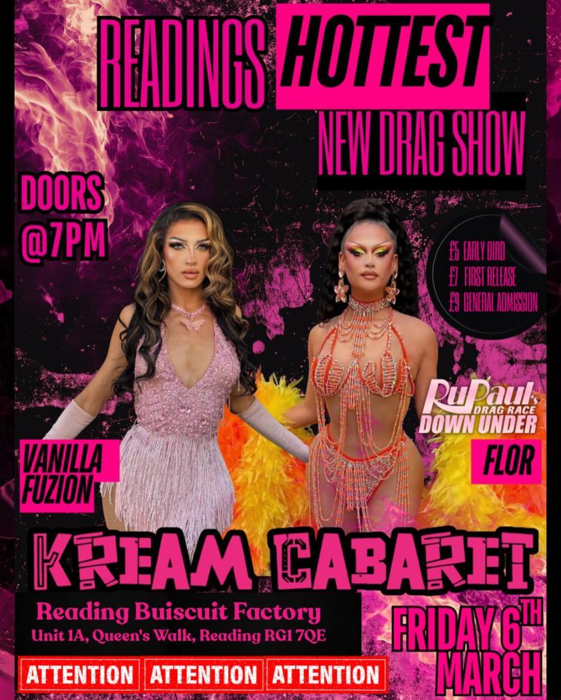 Poster for Kream Cabaret Drag Night with two drag queens in sexy outfits