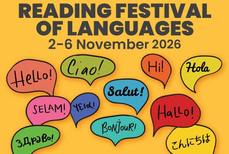 Reading Festival of Languages poster with speech bubbles all saying "hello" in a variety of different languages