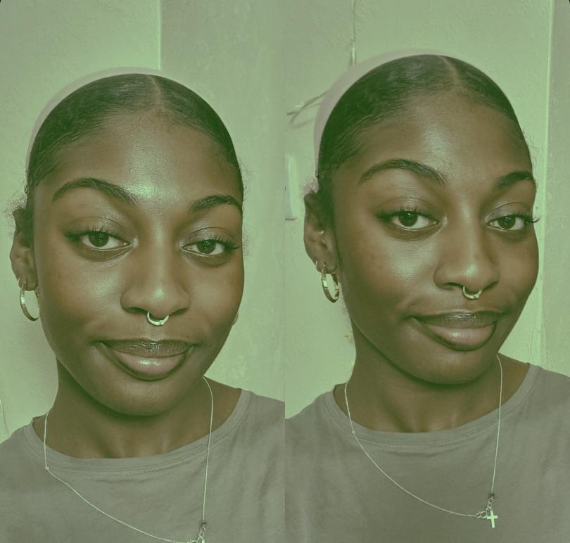 photographic portrait of artist Kiera Grace, her face is repeated twice with a green background