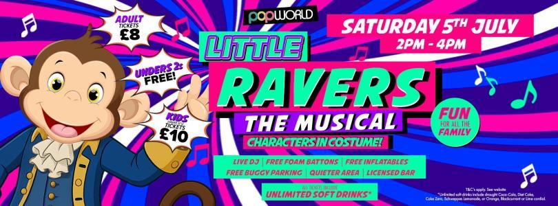 Banner for Little Ravers: The Musical with a cartoon monkey dressed as a character from Hamilton