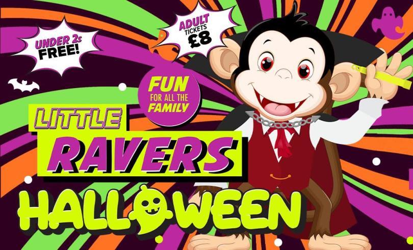 Poster for Little Ravers: Halloween Special with a cartoon monkey against a kaleidoscopic background