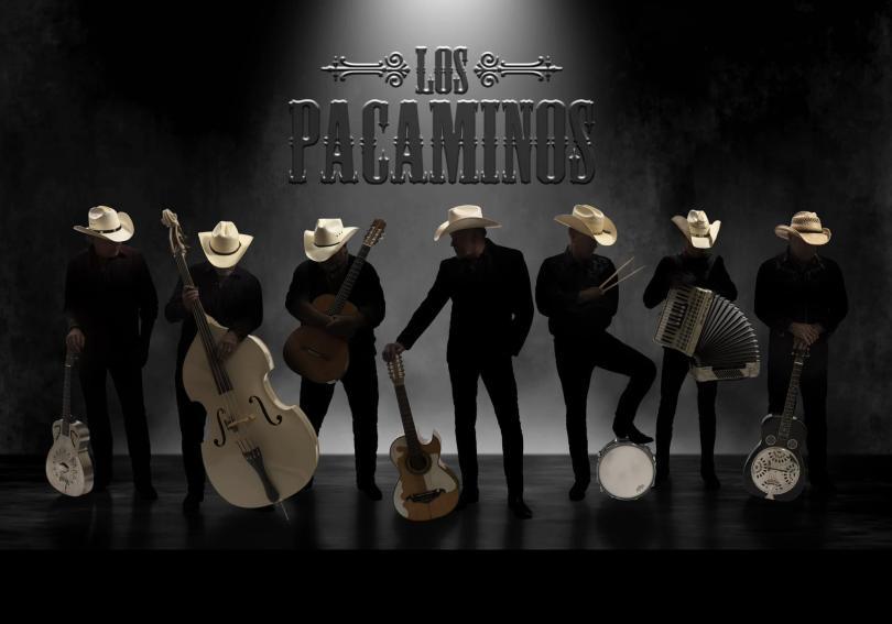 Los Pacaminos - sevcen silhouetted men in white stetson hats, holding various musical instruments