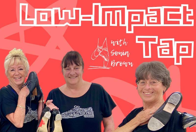 Older female tap dance students on a red background