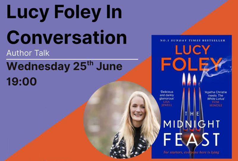 Author Lucy Foley next to the cover of her latest book, Midnight Feast