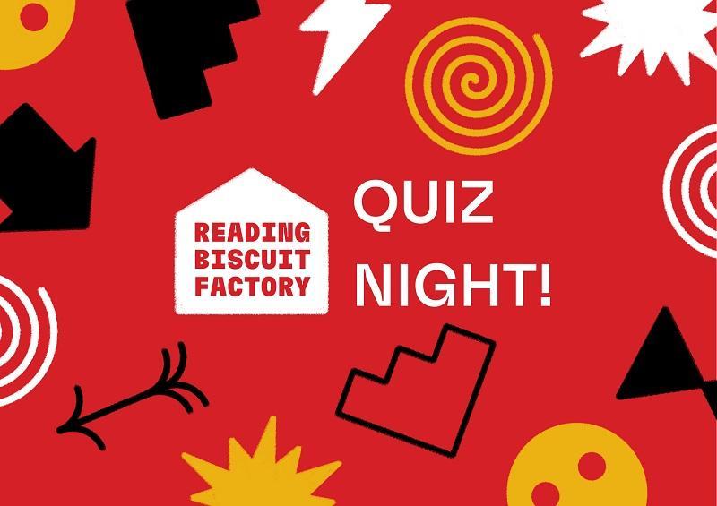 reading biscuit factory logo on red background with QUIZ NIGHT