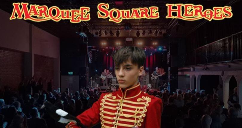 A child in a drummers outfit over an image of the band on stage