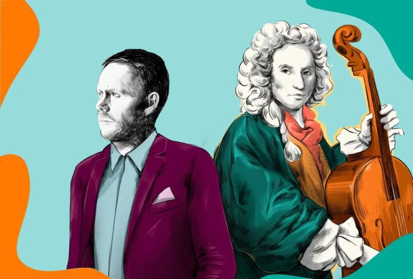 High contrast artwork of compsers Max Richter and Vivaldi