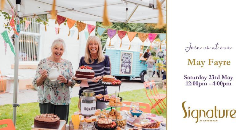 Poster for Signature at Caversham's May Fayre with two women by a stack of cakes