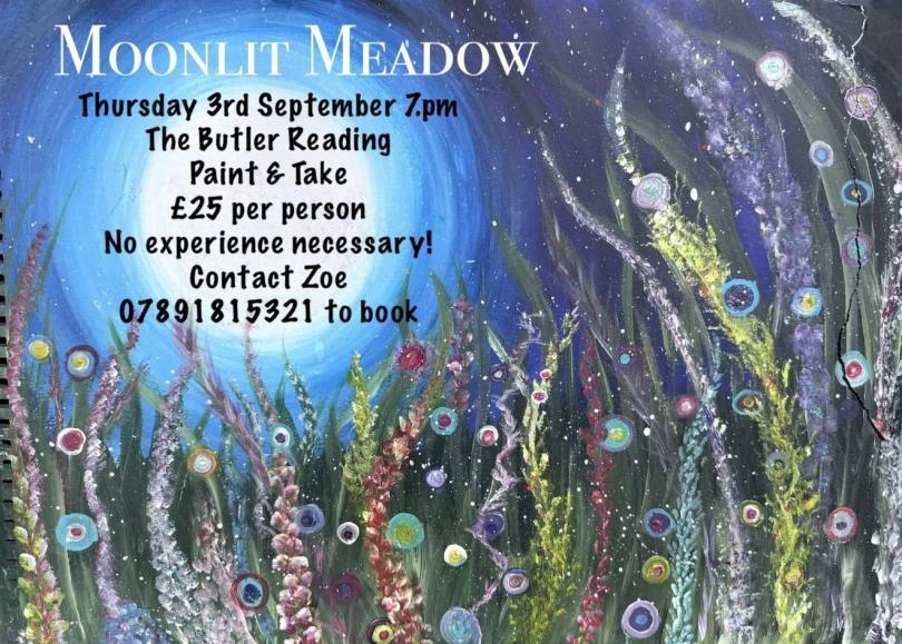 Painting of a meadow in moonlight