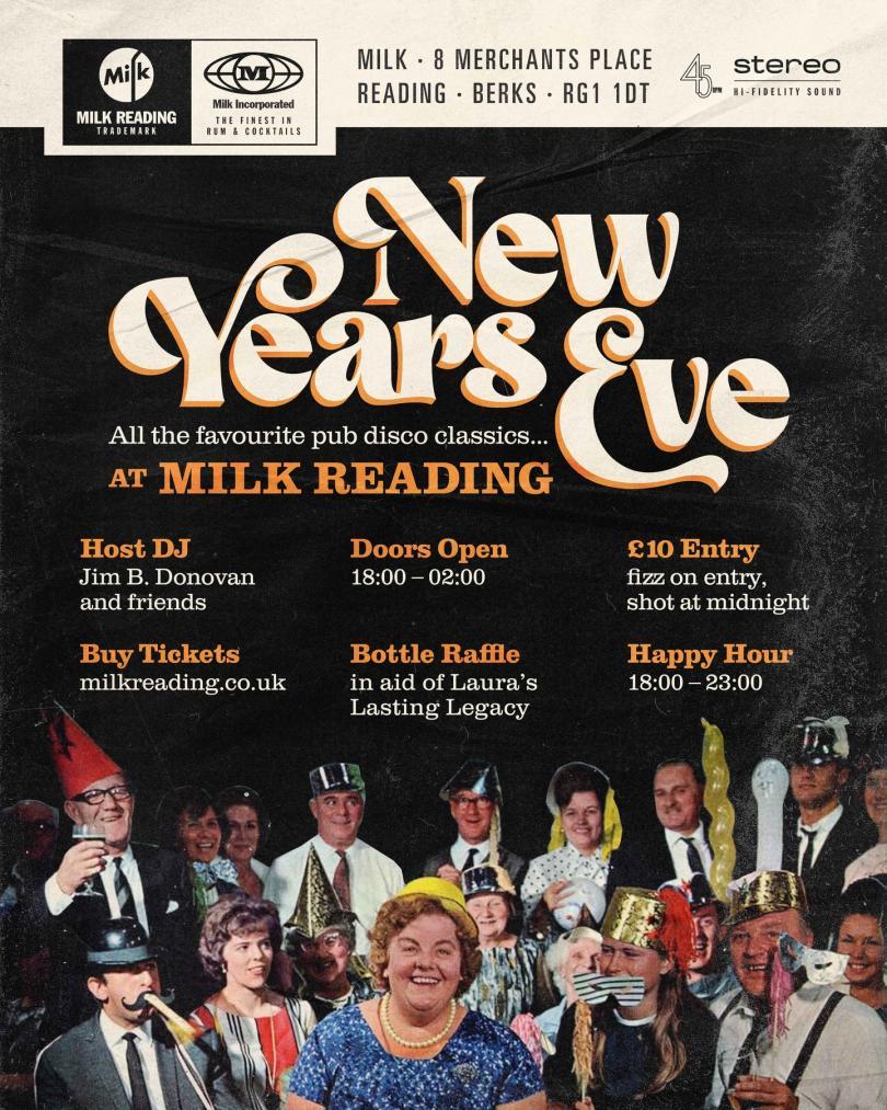Poster for New Year's Eve event designed to look like a vintage LP cover, with a miscellany of vintage photos of party-goers from the 60s and 70s