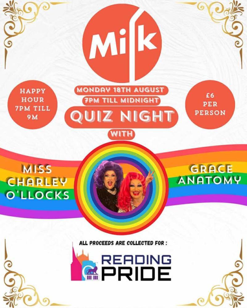 Poster for Quiz Night for Reading Pride featuring two drag queens